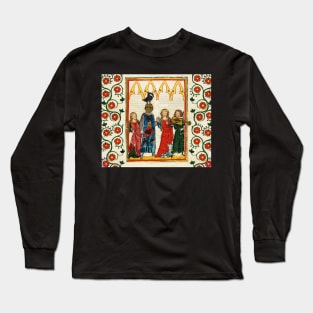 KNIGHT OF SWAN DANCING WITH BEAUTIFUL LADIES ,FIDDLE MUSIC ,MEDIEVAL MINIATURE WITH WILD ROSES Long Sleeve T-Shirt